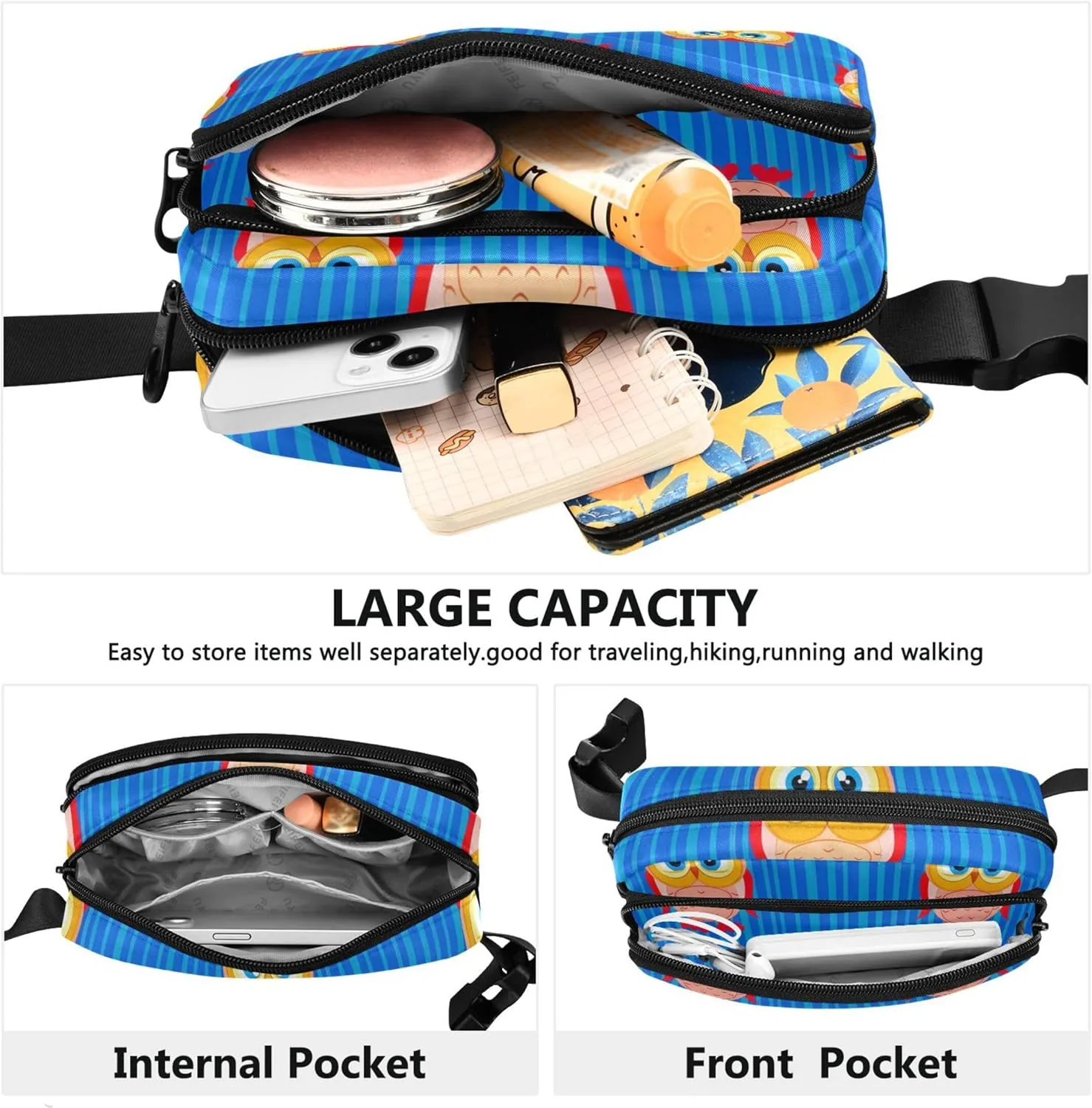 Cute Owl Stripes Blue Waterproof Fanny Packs for Women Belt Bag Hip Pack Designer Cross Body Waist Pack