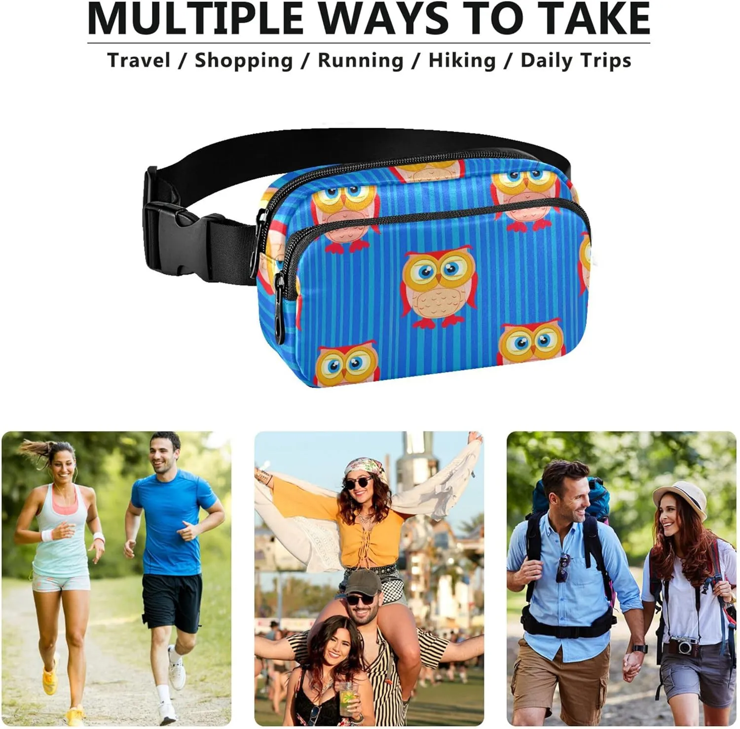 Cute Owl Stripes Blue Waterproof Fanny Packs for Women Belt Bag Hip Pack Designer Cross Body Waist Pack