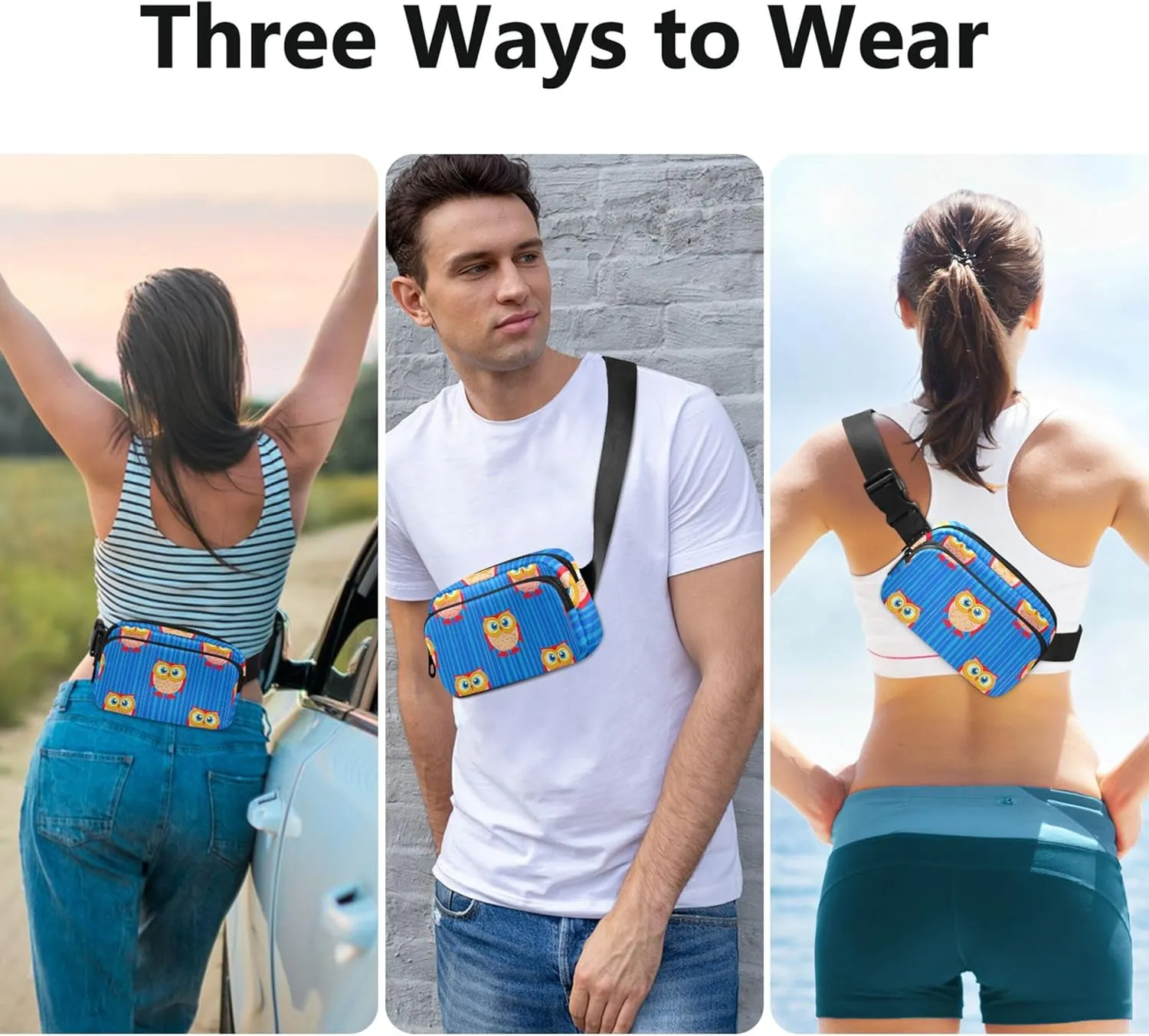 Cute Owl Stripes Blue Waterproof Fanny Packs for Women Belt Bag Hip Pack Designer Cross Body Waist Pack