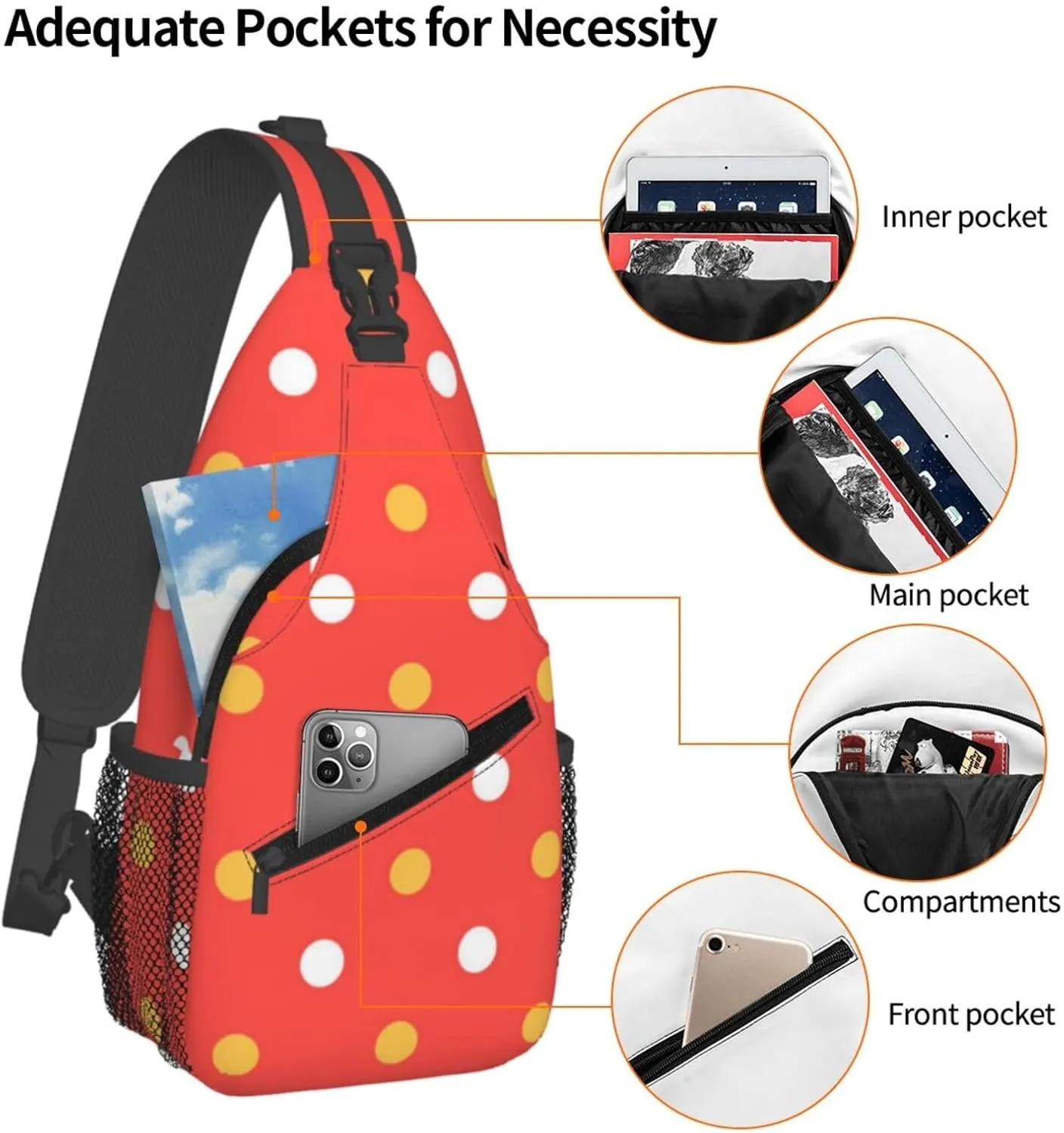 Cute Polka Dots Crossbody Sling Backpack Sling Bag Travel Hiking White Black Dots Chest Bag Daypack for Women Men