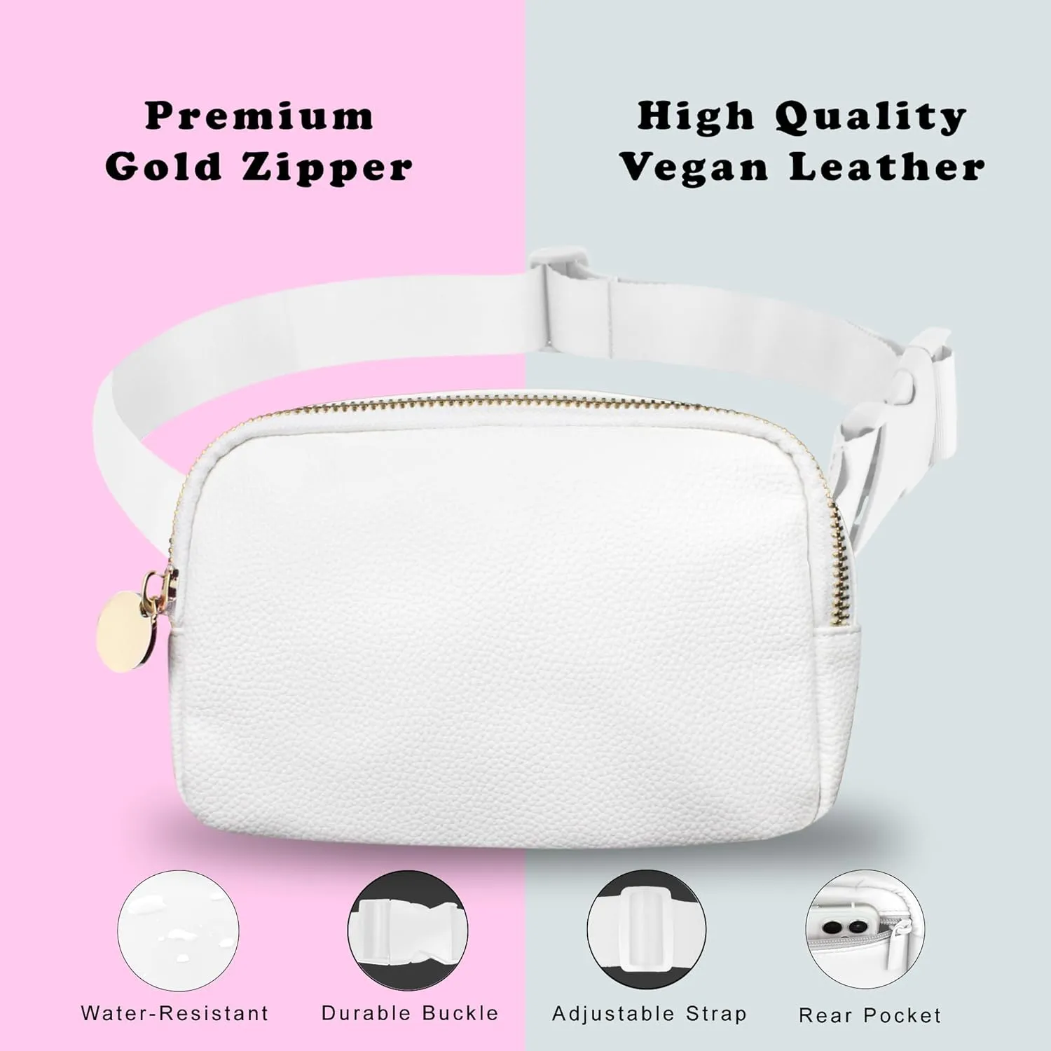 Dancour Leather Belt Bag - White Waist Pack for Women - Everywhere Crossbody Fanny Pack