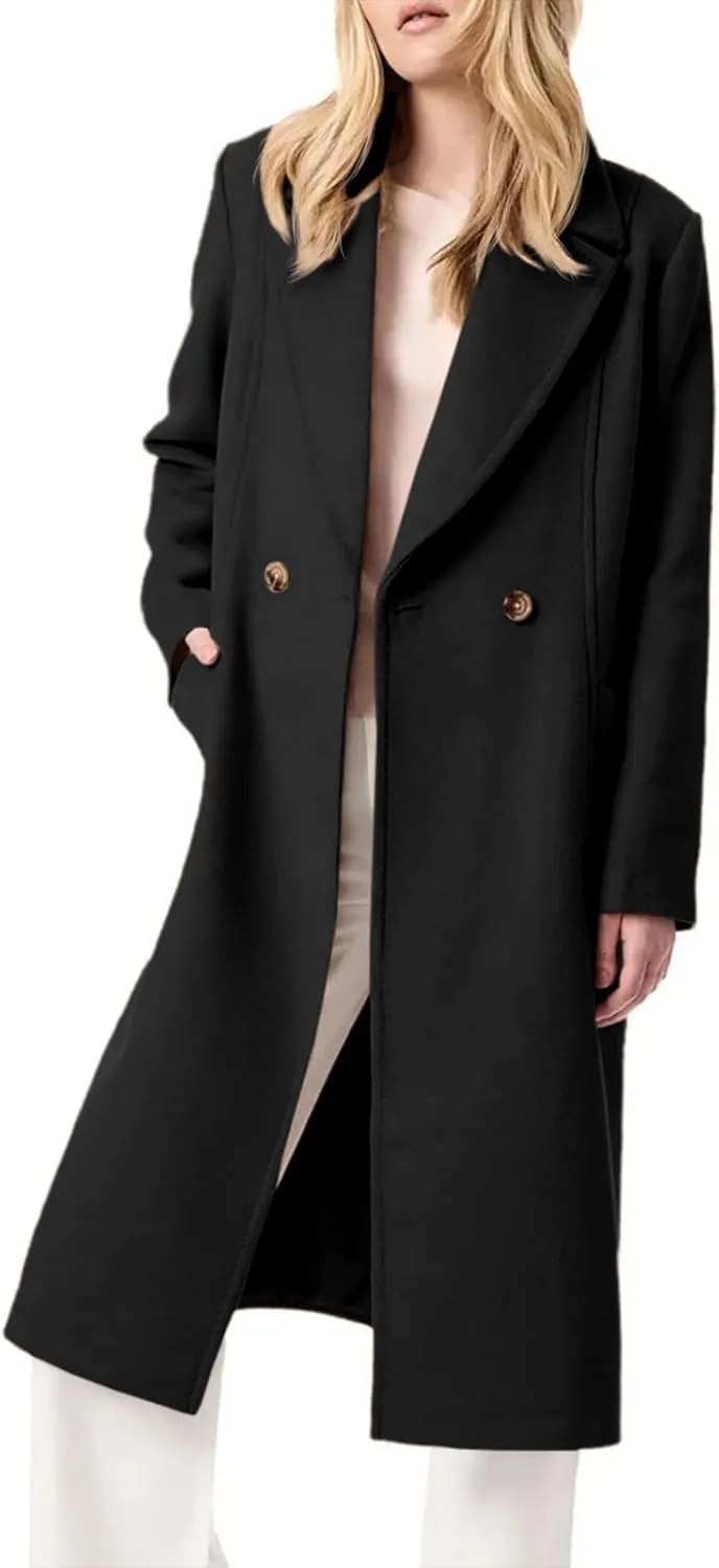 Danedvi Women's Notch Lapel Collar Pea Coat Long Sleeve Casual Fall Winter Long Overcoat with Belt