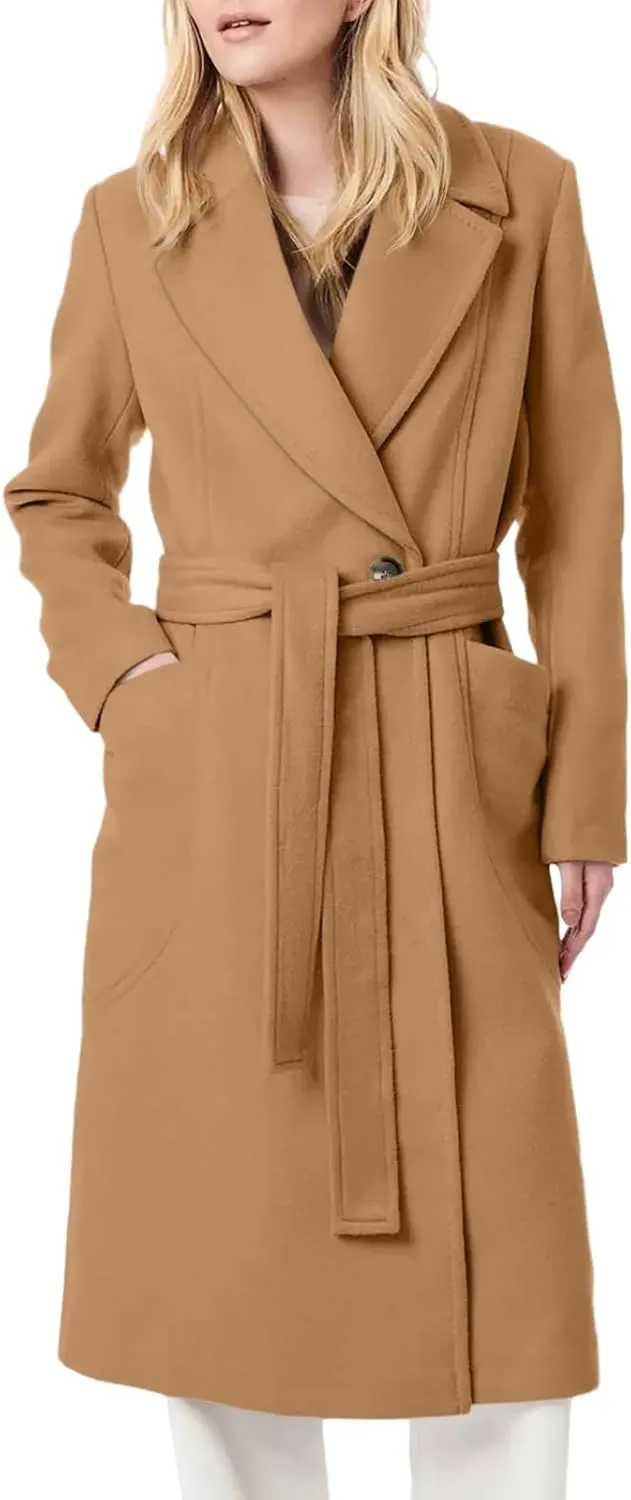 Danedvi Women's Notch Lapel Collar Pea Coat Long Sleeve Casual Fall Winter Long Overcoat with Belt
