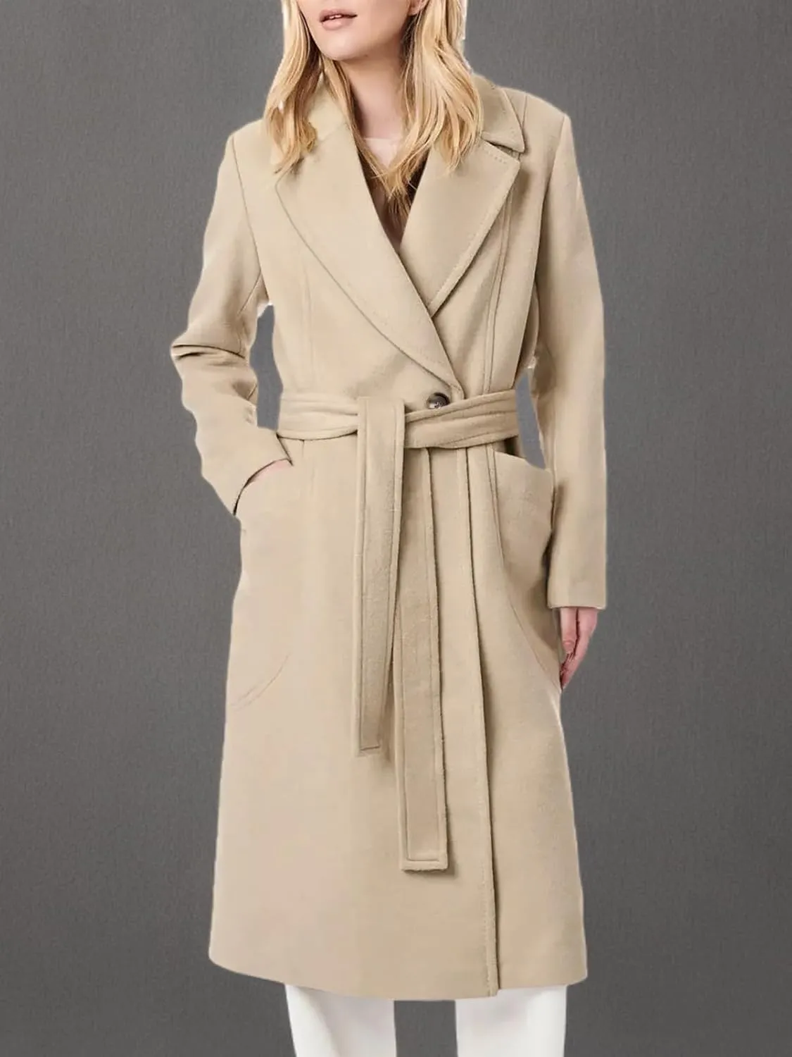 Danedvi Women's Notch Lapel Collar Pea Coat Long Sleeve Casual Fall Winter Long Overcoat with Belt