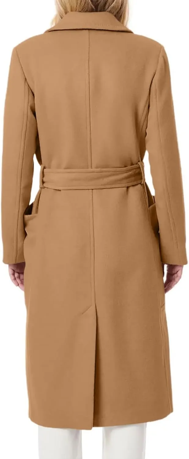 Danedvi Women's Notch Lapel Collar Pea Coat Long Sleeve Casual Fall Winter Long Overcoat with Belt