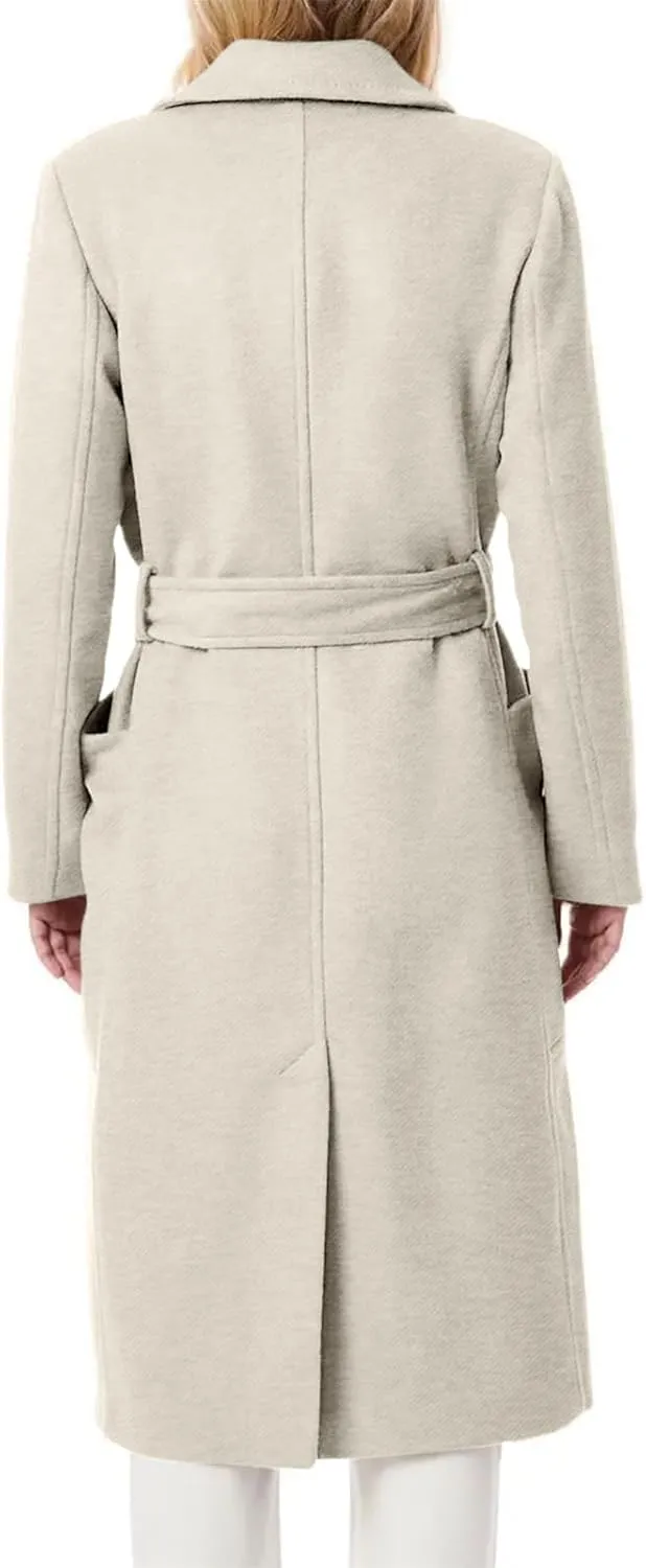 Danedvi Women's Notch Lapel Collar Pea Coat Long Sleeve Casual Fall Winter Long Overcoat with Belt