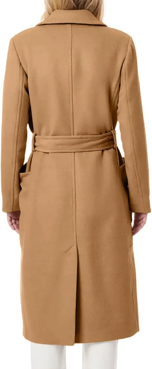 Danedvi Women's Notch Lapel Collar Pea Coat Long Sleeve Casual Fall Winter Long Overcoat with Belt