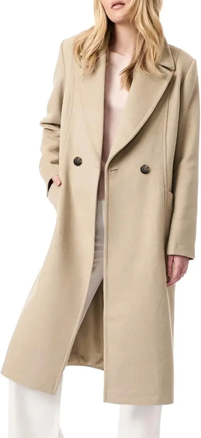 Danedvi Women's Notch Lapel Collar Pea Coat Long Sleeve Casual Fall Winter Long Overcoat with Belt