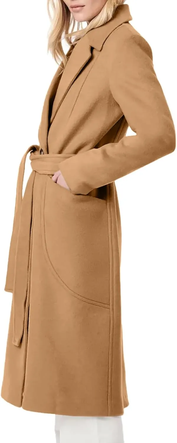 Danedvi Women's Notch Lapel Collar Pea Coat Long Sleeve Casual Fall Winter Long Overcoat with Belt