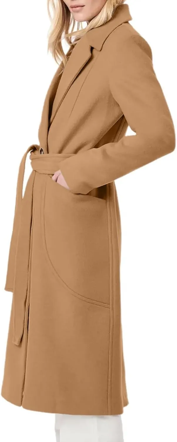 Danedvi Women's Notch Lapel Collar Pea Coat Long Sleeve Casual Fall Winter Long Overcoat with Belt