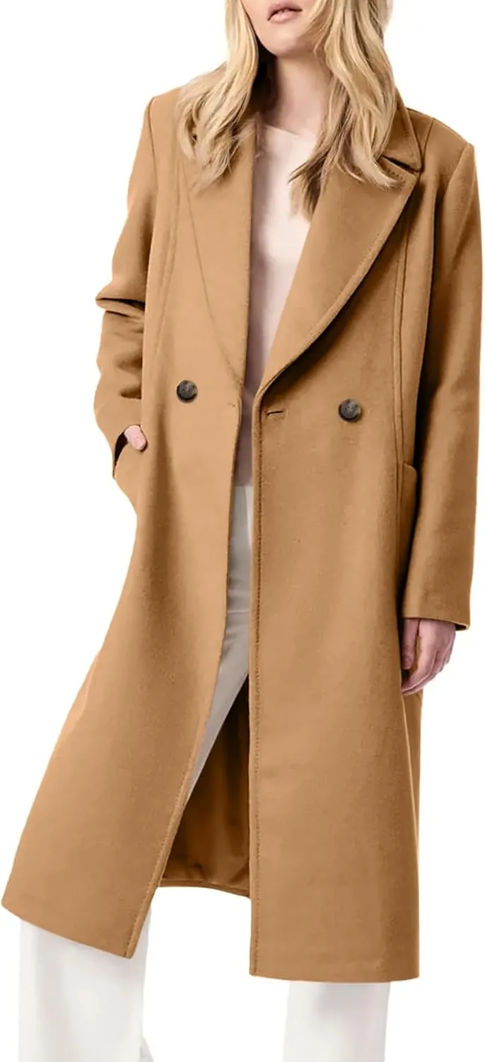Danedvi Women's Notch Lapel Collar Pea Coat Long Sleeve Casual Fall Winter Long Overcoat with Belt