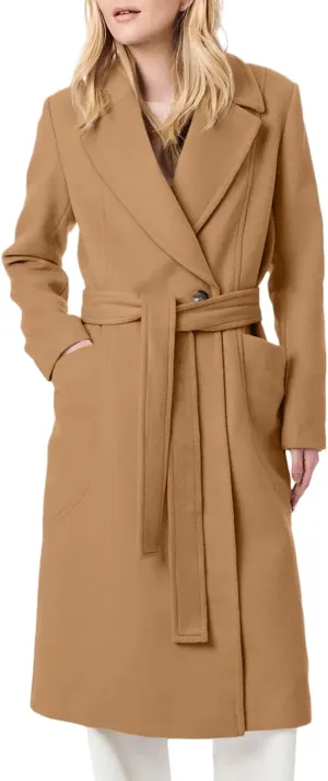 Danedvi Women's Notch Lapel Collar Pea Coat Long Sleeve Casual Fall Winter Long Overcoat with Belt