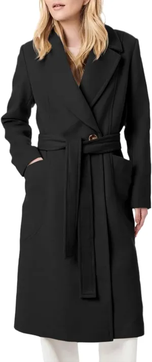 Danedvi Women's Notch Lapel Collar Pea Coat Long Sleeve Casual Fall Winter Long Overcoat with Belt