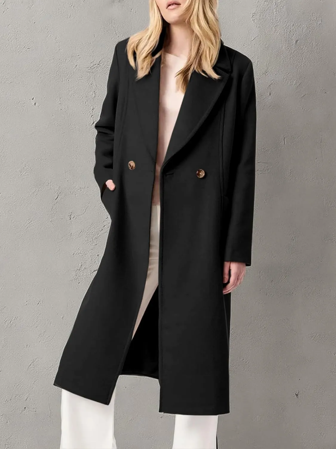 Danedvi Women's Notch Lapel Collar Pea Coat Long Sleeve Casual Fall Winter Long Overcoat with Belt