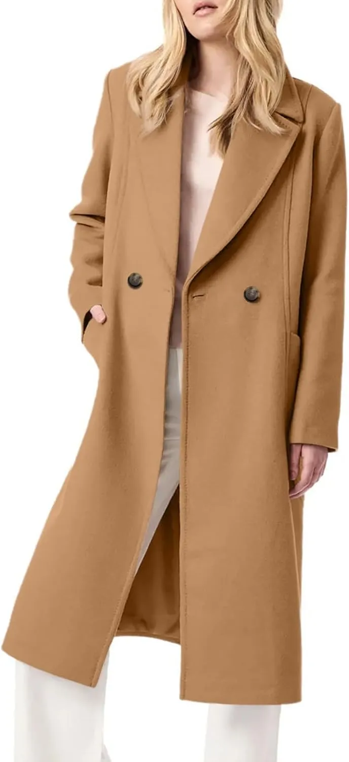 Danedvi Women's Notch Lapel Collar Pea Coat Long Sleeve Casual Fall Winter Long Overcoat with Belt