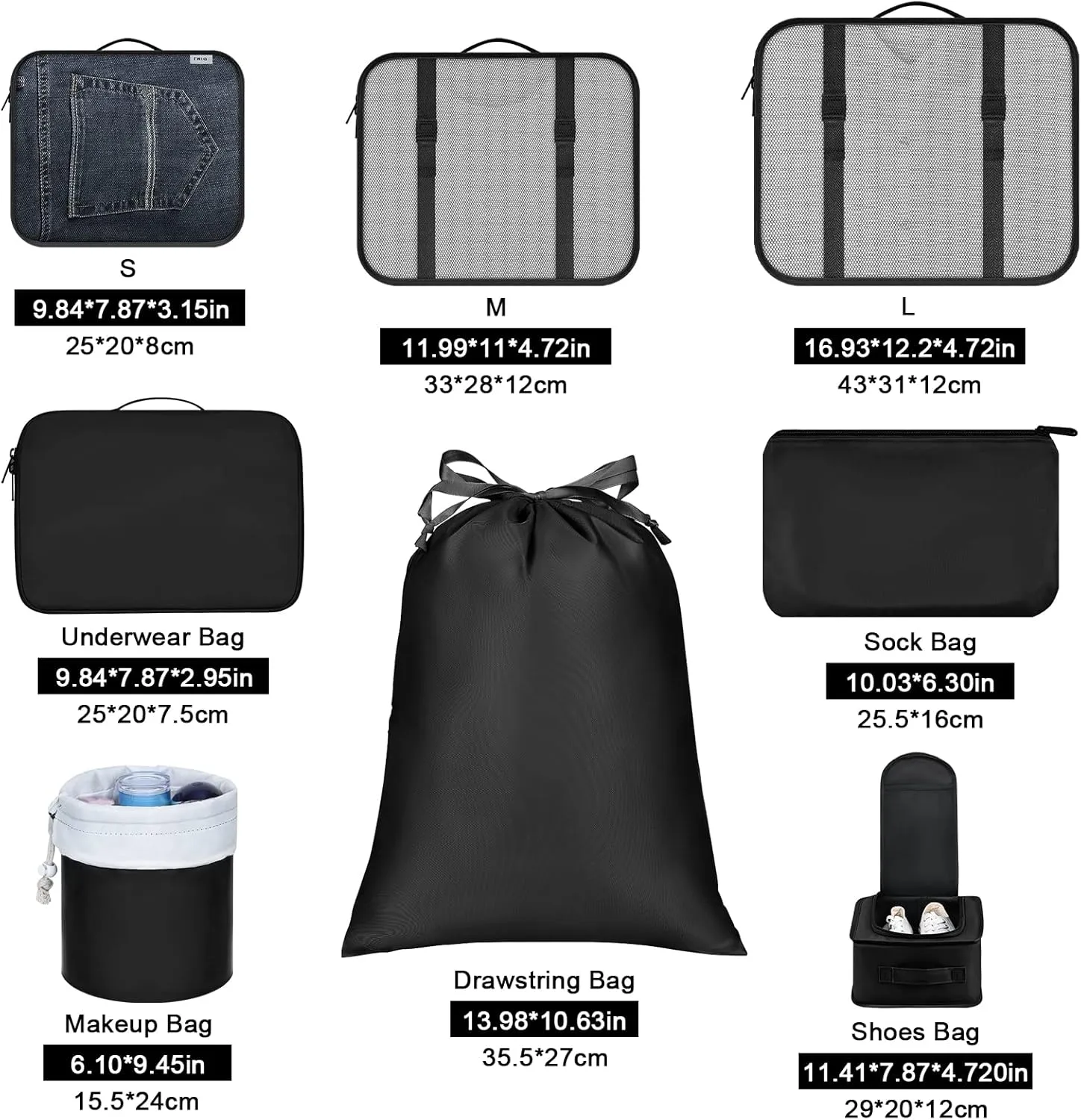 DIMJ Packing Cubes for Travel, Lightweight Luggage Organizers for Suitcase Durable Luggage Cubes for Packing Tear-resistant luggage Packing Cubes Set with Makeup Bag, 8 Pack (Black)
