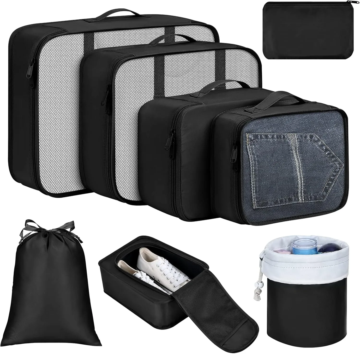 DIMJ Packing Cubes for Travel, Lightweight Luggage Organizers for Suitcase Durable Luggage Cubes for Packing Tear-resistant luggage Packing Cubes Set with Makeup Bag, 8 Pack (Black)