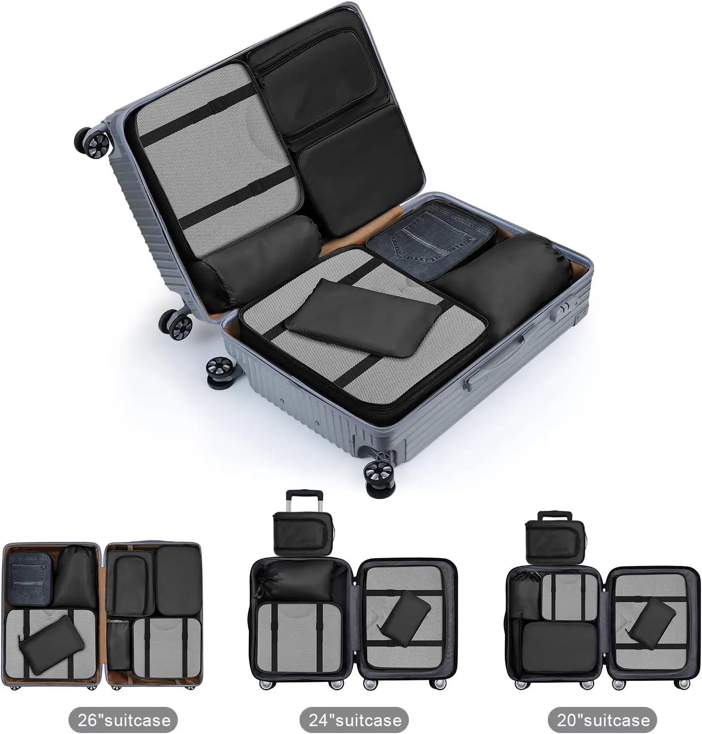DIMJ Packing Cubes for Travel, Lightweight Luggage Organizers for Suitcase Durable Luggage Cubes for Packing Tear-resistant luggage Packing Cubes Set with Makeup Bag, 8 Pack (Black)