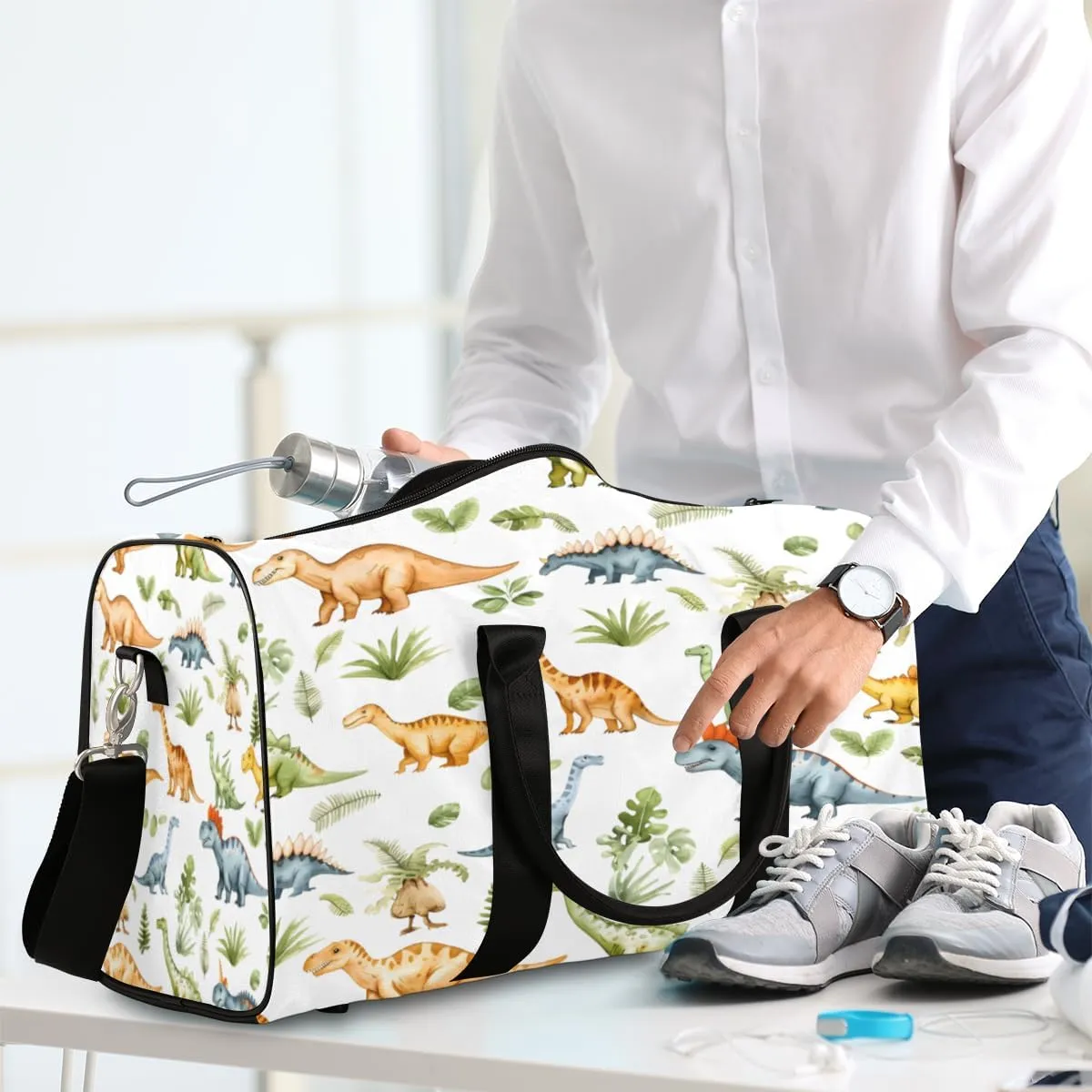 Dinosaur Cute Travel Duffle Bag, Sports Gym Bags for Women Men, Carry On Weekender Overnight Workout Airplane Trips Bag