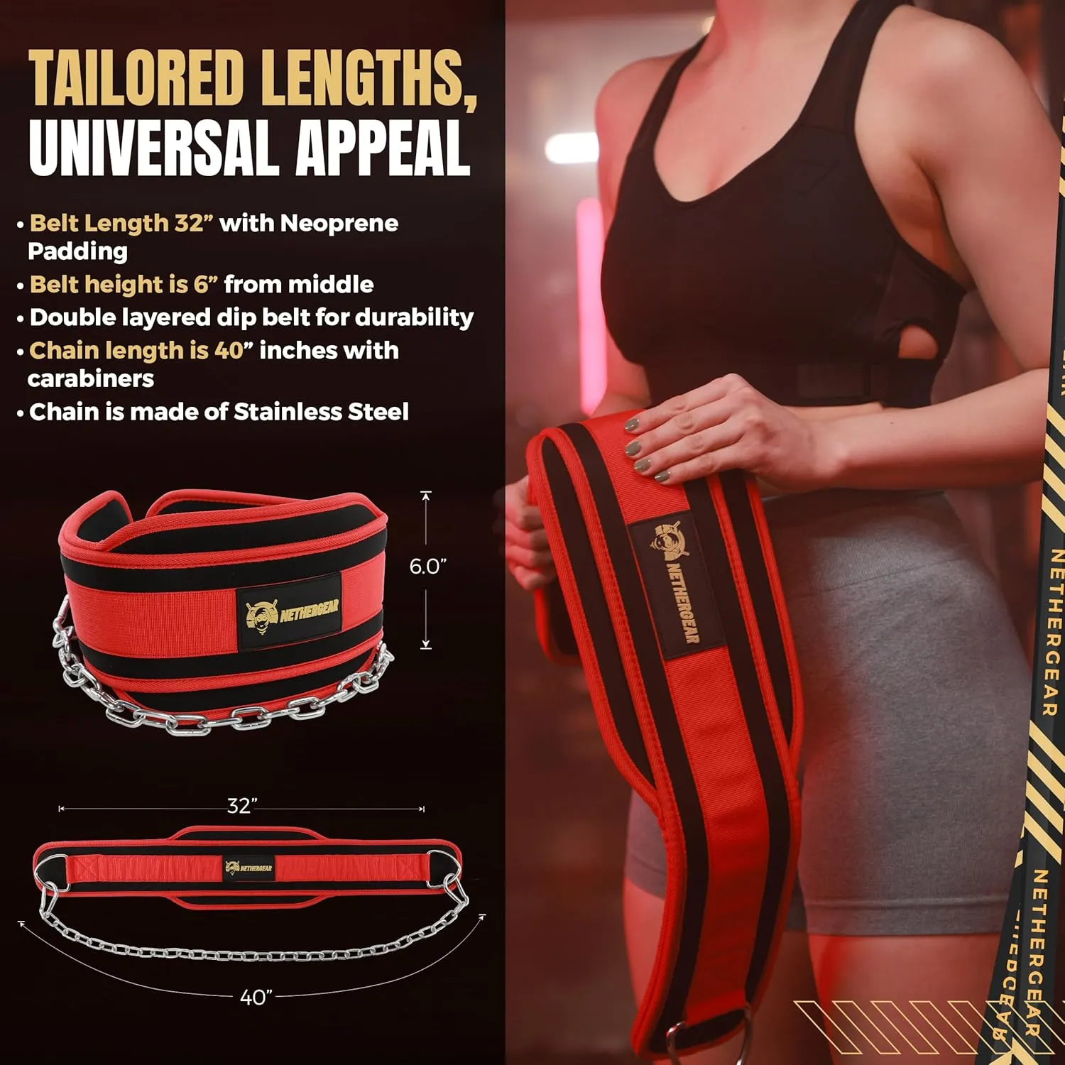 Dip Belt for Weight Lifting with 36” Heavy-Duty Steel Chain, Comfortable Neoprene & Strong Stitching, Weighted Belt Ideal for Bodybuilding, Powerlifting, Pull Ups & Squats