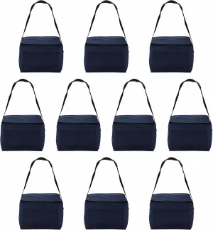 DISCOUNT PROMOS Small Lunch Bags Set of 10, Bulk Pack - Insulated, Fits 6 Cans, Perfect for the Office, Picnic, Beach - Navy Blue