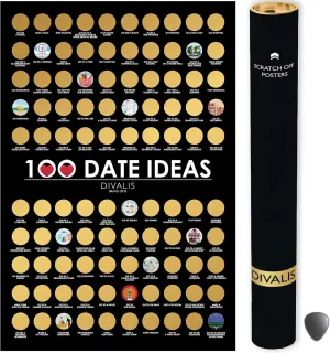 Divalis 100 Dates Scratch off Bucket List - Scratching Adventure Couple Things to Do Poster Scratchable Motivational Archievements Checklist, Black and Gold, L