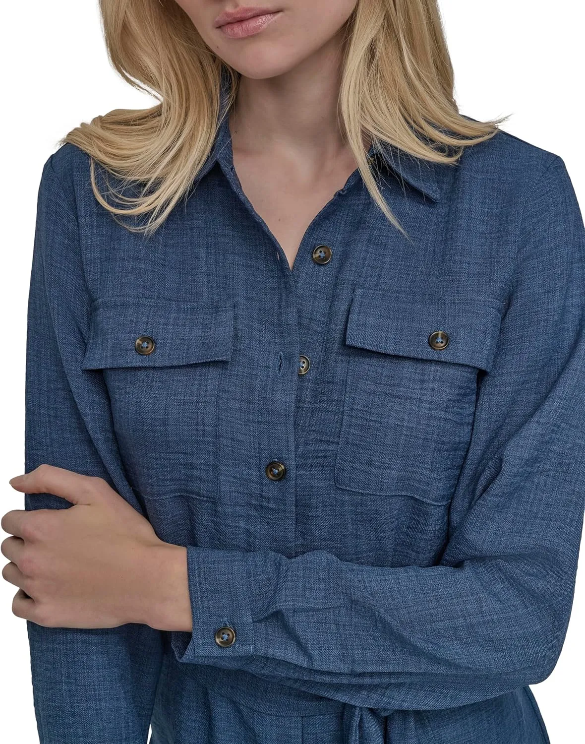 DKNY Women's Long Sleeve Collared Tie Midi Shirtdress