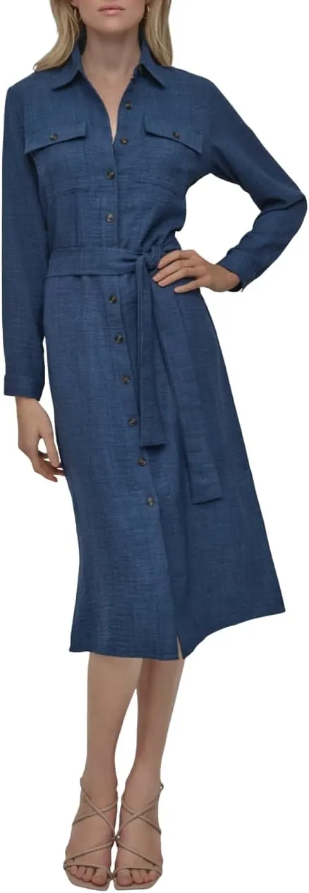 DKNY Women's Long Sleeve Collared Tie Midi Shirtdress
