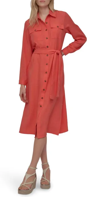 DKNY Women's Long Sleeve Collared Tie Midi Shirtdress