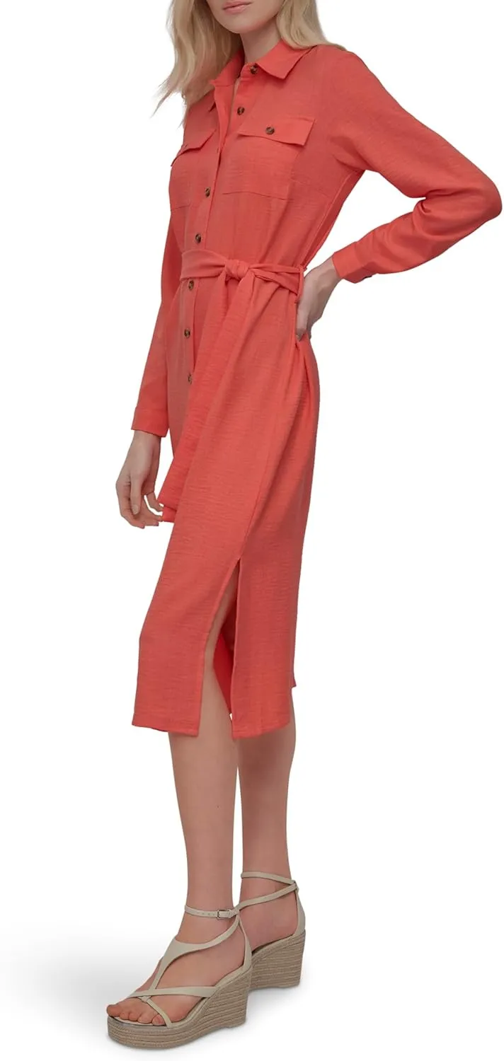 DKNY Women's Long Sleeve Collared Tie Midi Shirtdress