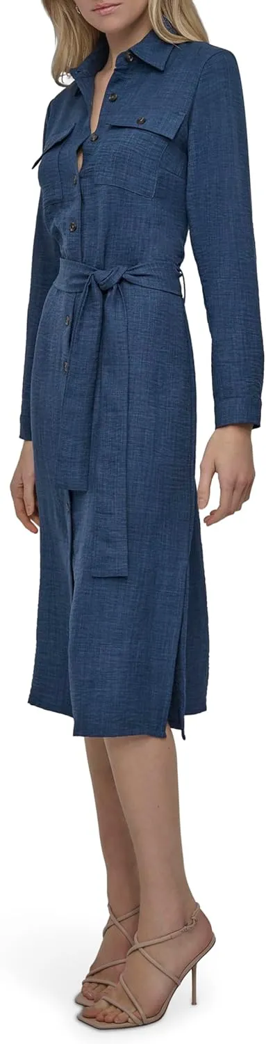 DKNY Women's Long Sleeve Collared Tie Midi Shirtdress