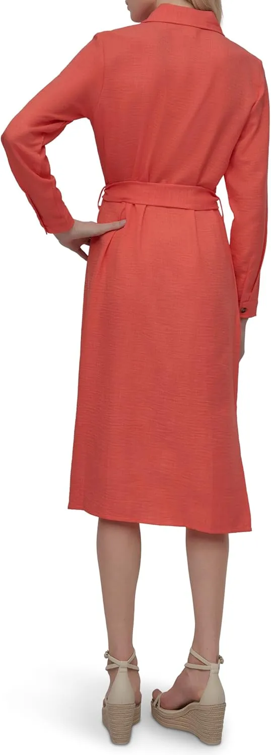 DKNY Women's Long Sleeve Collared Tie Midi Shirtdress
