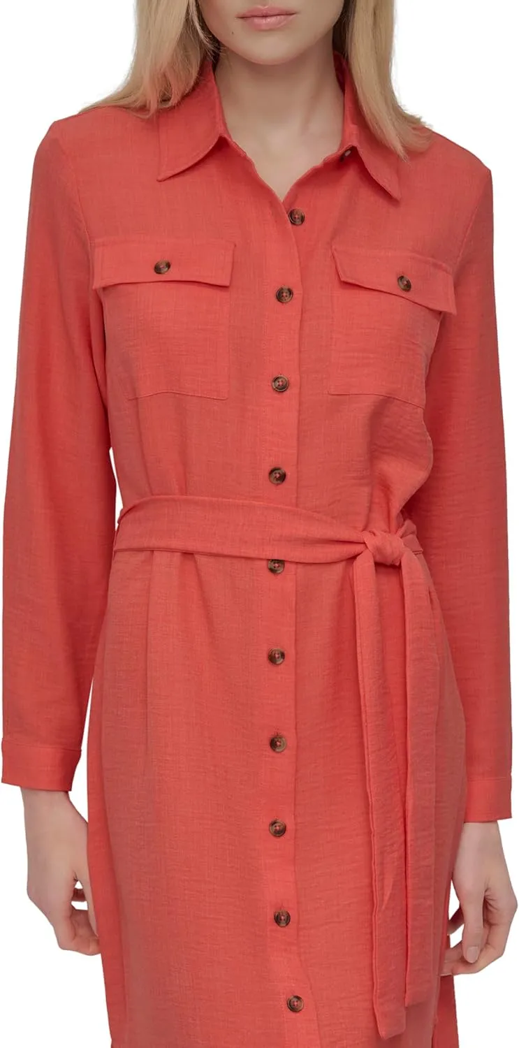 DKNY Women's Long Sleeve Collared Tie Midi Shirtdress