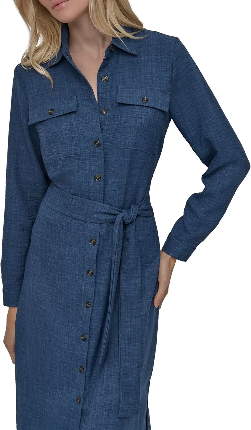 DKNY Women's Long Sleeve Collared Tie Midi Shirtdress