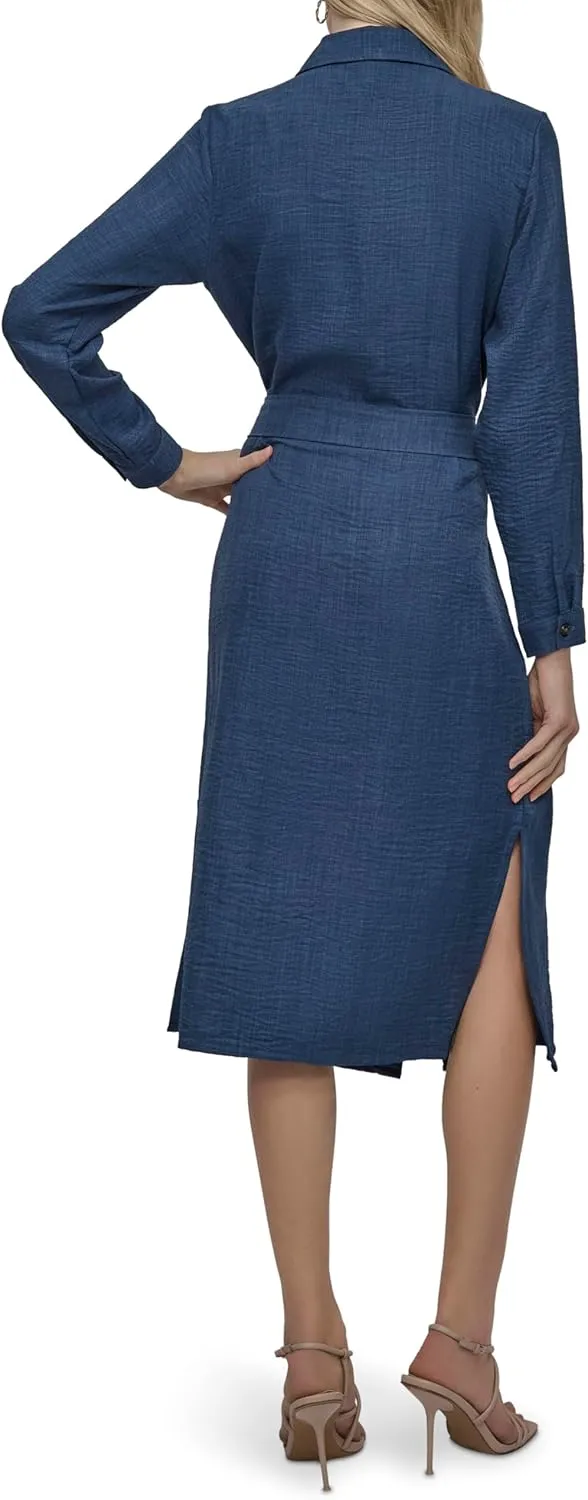 DKNY Women's Long Sleeve Collared Tie Midi Shirtdress