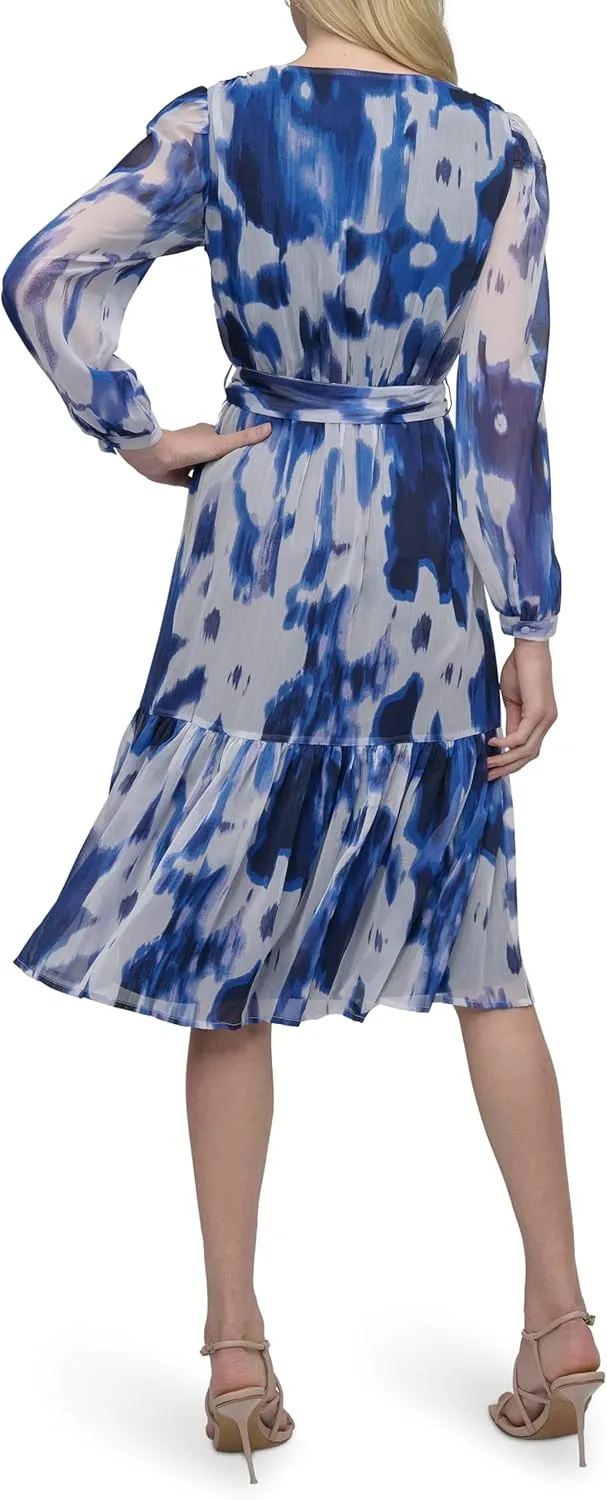 DKNY Women's Long Sleeve V-Neck Tie Waist Midi Dress