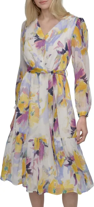 DKNY Women's Long Sleeve V-Neck Tie Waist Midi Dress
