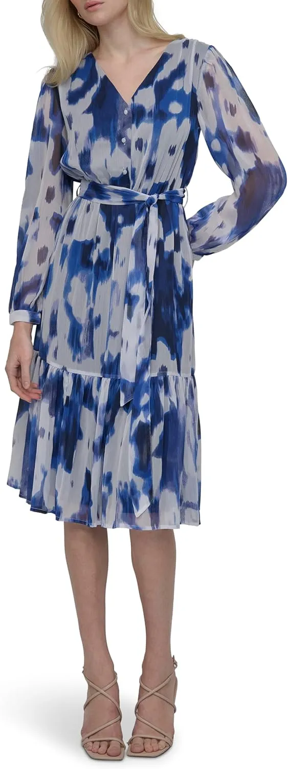 DKNY Women's Long Sleeve V-Neck Tie Waist Midi Dress