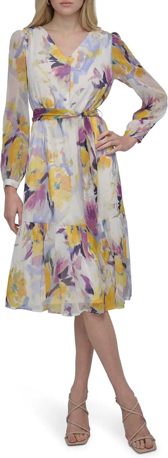 DKNY Women's Long Sleeve V-Neck Tie Waist Midi Dress