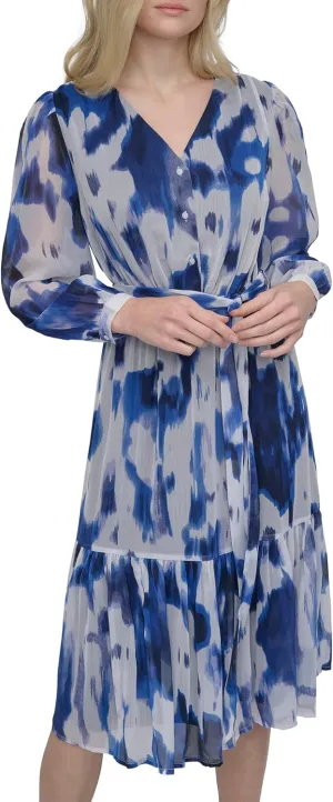 DKNY Women's Long Sleeve V-Neck Tie Waist Midi Dress