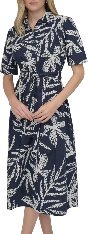 DKNY Women's Short Sleeve Cotton Poplin Collared Shirtdress