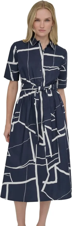 DKNY Women's Short Sleeve Cotton Poplin Collared Shirtdress