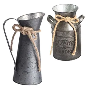 DOITOOL 2pcs Galvanized Metal Flower Pot Planters with Handles Rustic Decorative Metal Buckets Vintage Style Country Wedding Table Centerpiece Decorations