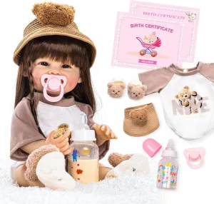 DOLLHOOD Reborn Baby Dolls 18-Inch Full Realistic Body Soft Vinyl Silicone, Lifelike Realistic Baby Doll Movable Arms and Legs - with Doll Accessories Can Bathe/Shower Great Gift, Brown