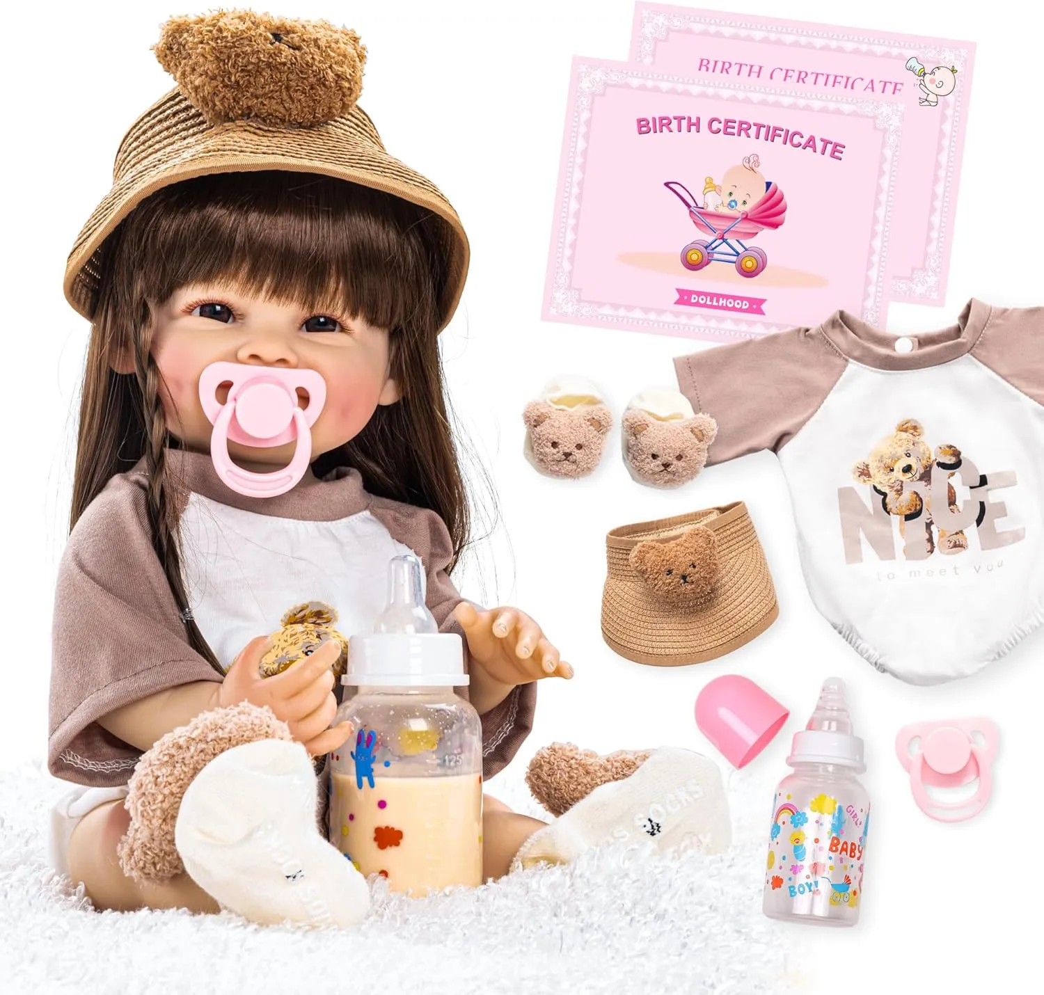 DOLLHOOD Reborn Baby Dolls 18-Inch Full Realistic Body Soft Vinyl Silicone, Lifelike Realistic Baby Doll Movable Arms and Legs - with Doll Accessories Can Bathe/Shower Great Gift, Brown