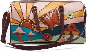 Dolls Kill Walking On Sunshine Weekender Bag by Current Mood – Vegan Leather Duffle with Sunset Mushroom Print & Embroidered Details, One Size