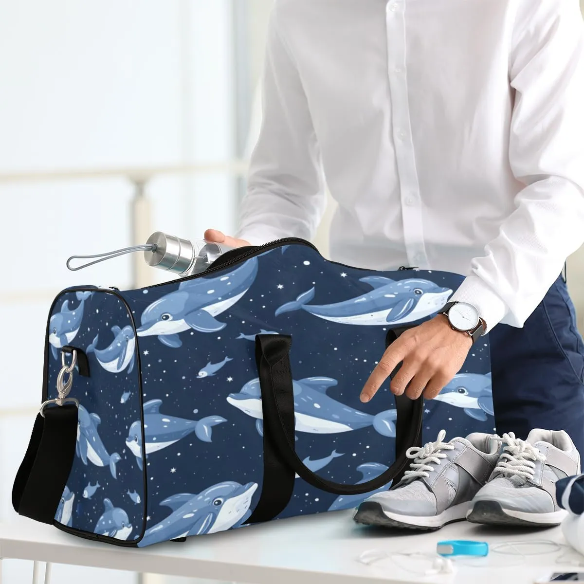 Dolphin Travel Duffle Bag, Sports Gym Bags for Women Men, Carry On Weekender Overnight Bag, Wildlife Ocean Cute Animals Workout Hospital Airplane Trips Bag