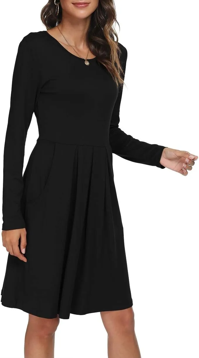 DouBCQ Women's Casual Long Sleeve Flowy Pleated Fall Dresses with Pockets