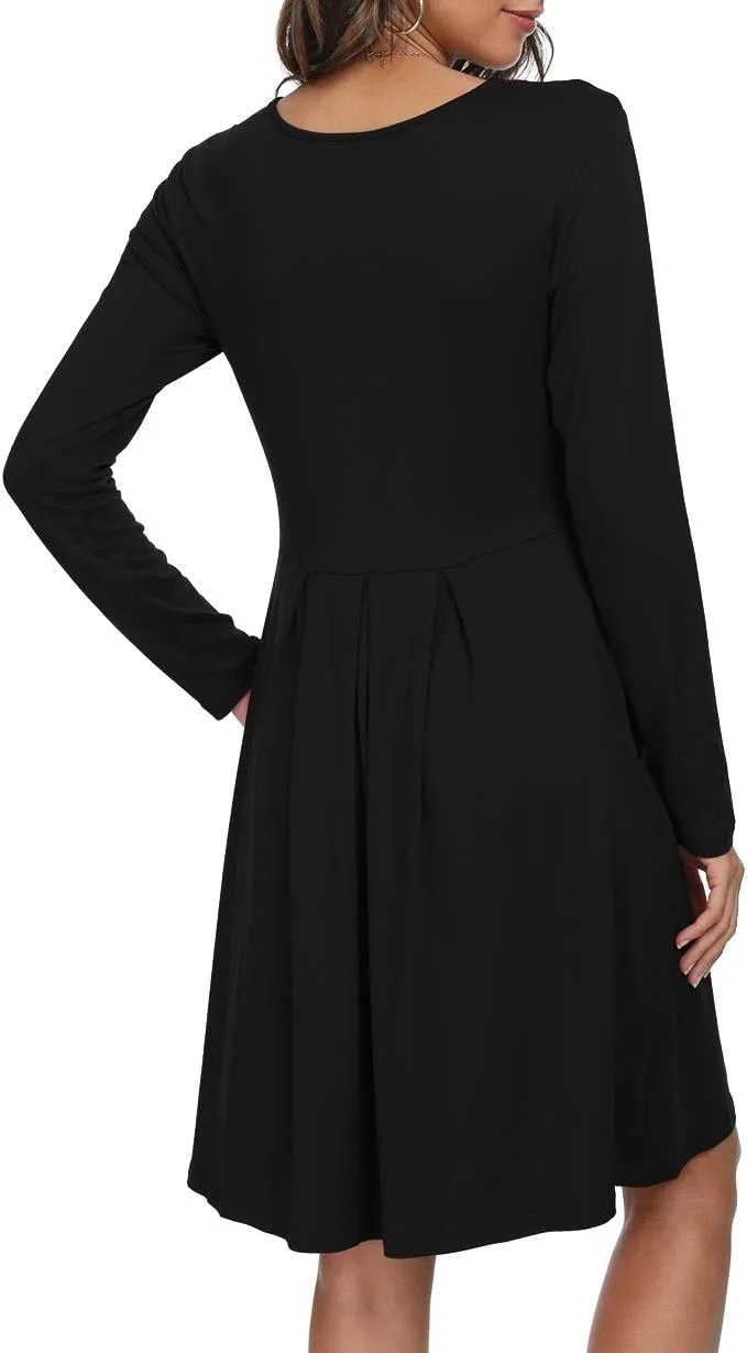 DouBCQ Women's Casual Long Sleeve Flowy Pleated Fall Dresses with Pockets