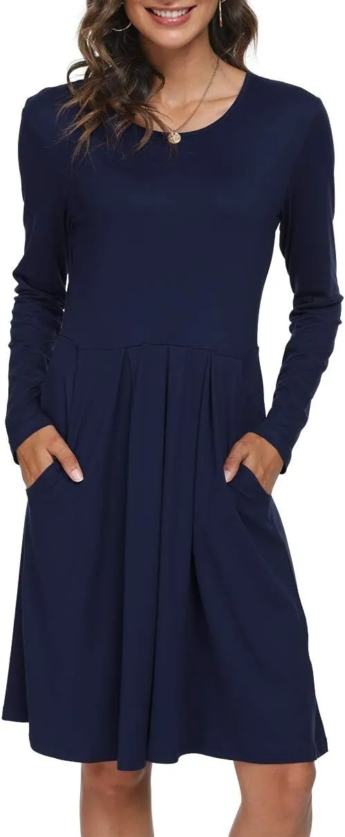 DouBCQ Women's Casual Long Sleeve Flowy Pleated Fall Dresses with Pockets